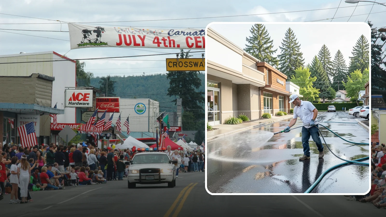 Strip Mall Cleaning in Carnation, King County, WA - Coordinated exterior cleaning for strip malls and plazas that unifies storefronts, sidewalks, and parking fronts under one clean...