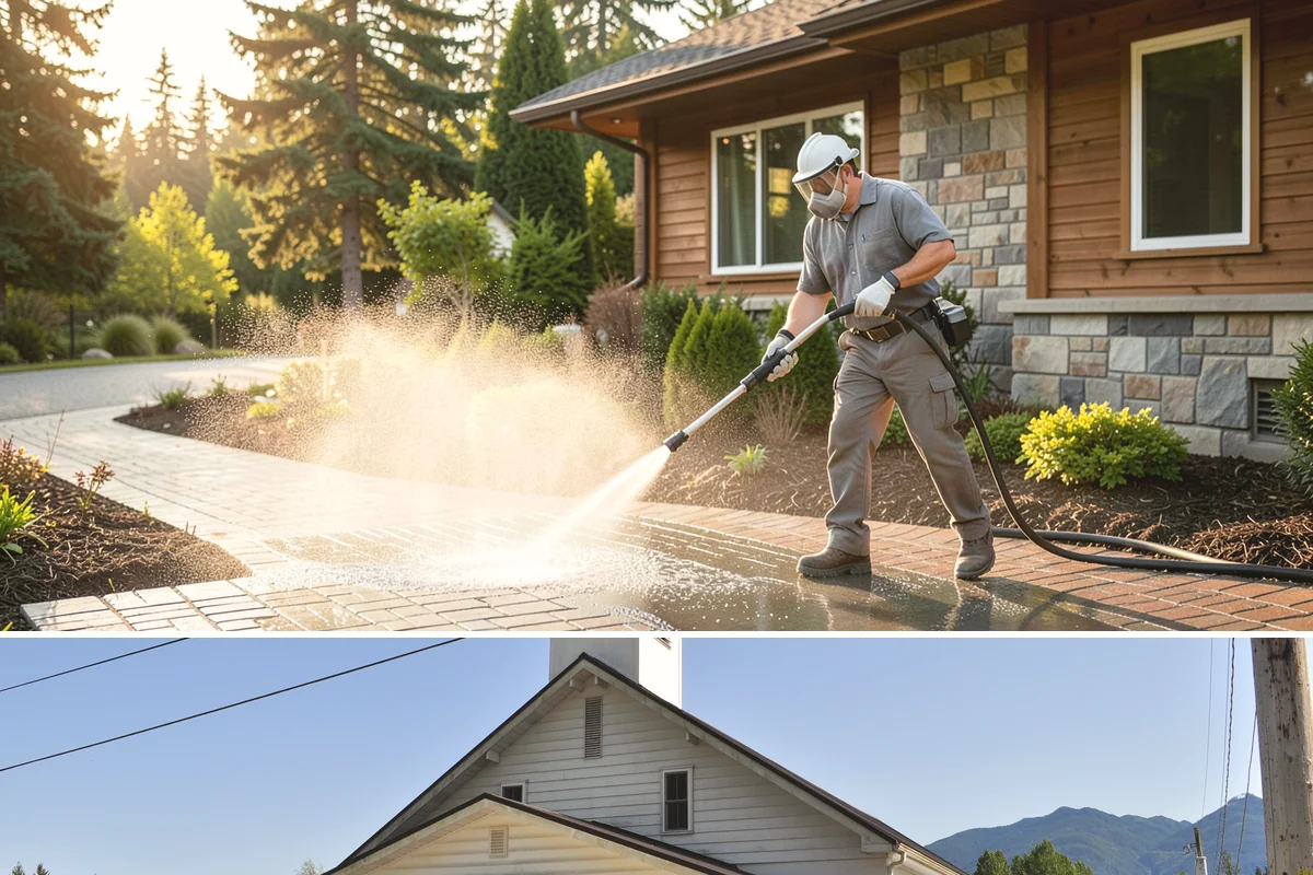 Strip Mall Cleaning in Concrete, Skagit County, WA - A spring and fall cleaning cycle keeps a strip mall presentable through the Northwest's wettest and busiest stretches.