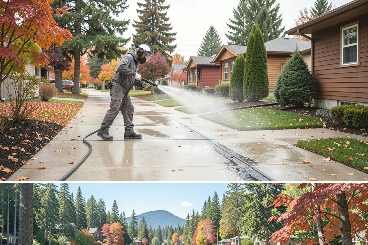 Strip Mall Cleaning in Covington, King County, WA - A spring and fall cleaning cycle keeps a strip mall presentable through the Northwest's wettest and busiest stretches.
