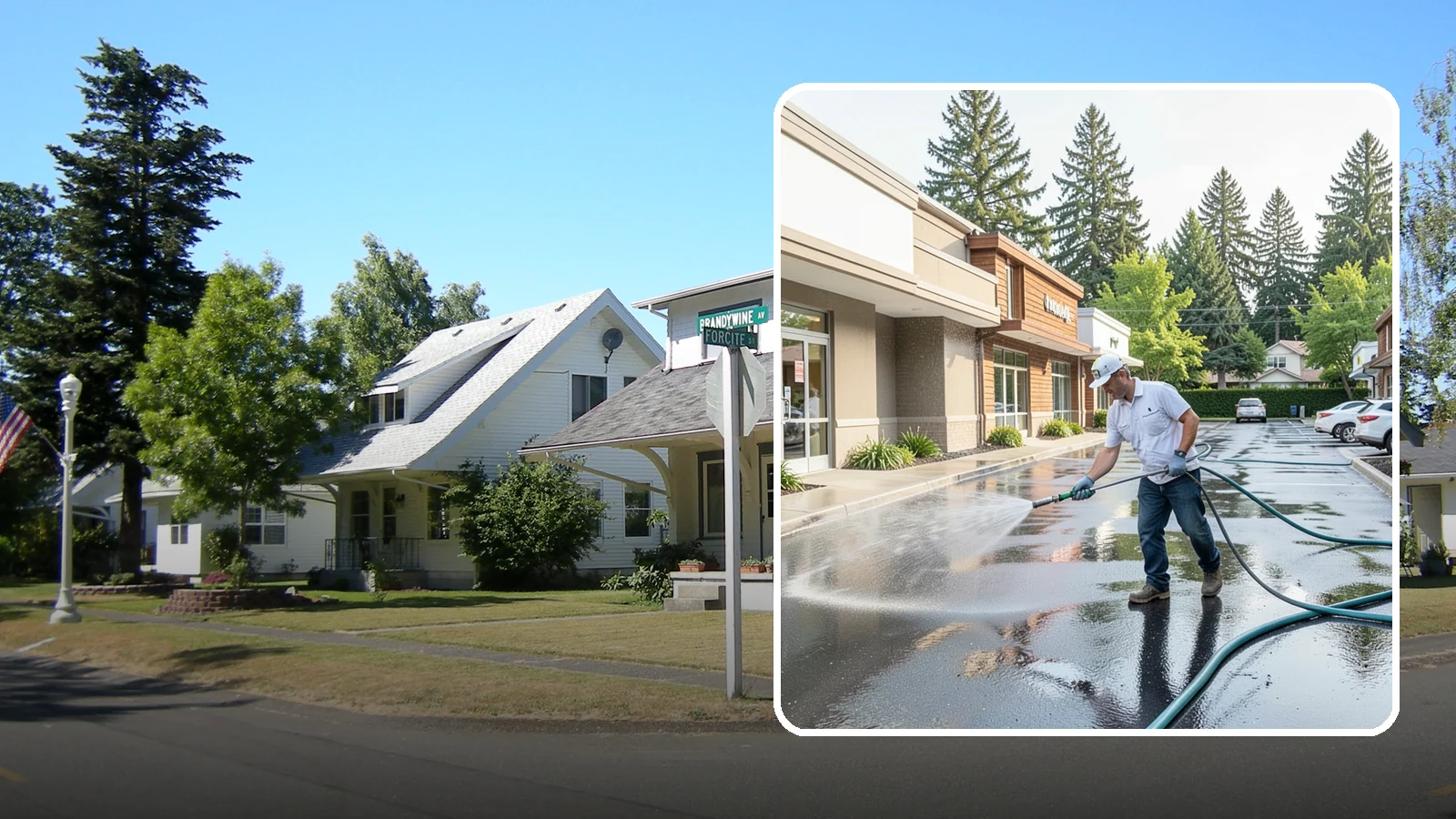 Strip Mall Cleaning in DuPont, Pierce County, WA - Coordinated exterior cleaning for strip malls and plazas that unifies storefronts, sidewalks, and parking fronts under one clean...