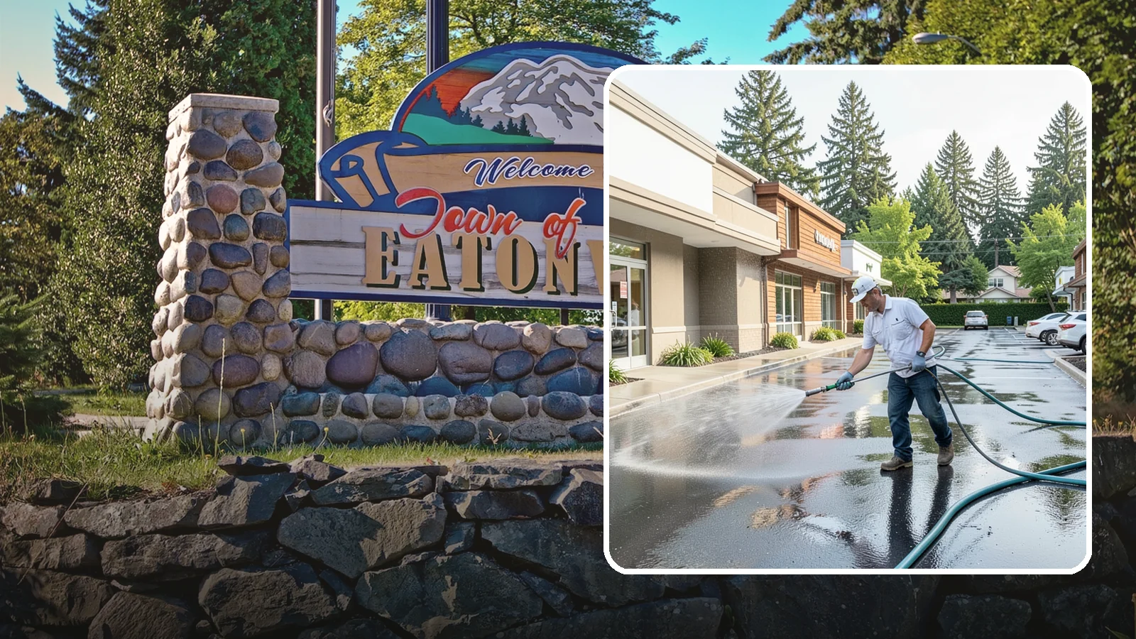 Strip Mall Cleaning in Eatonville, Pierce County, WA - Coordinated exterior cleaning for strip malls and plazas that unifies storefronts, sidewalks, and parking fronts under one clean...