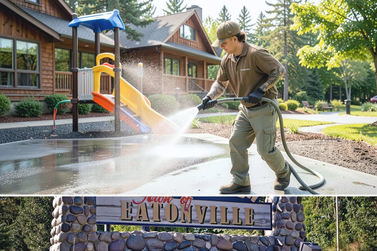 Strip Mall Cleaning in Eatonville, Pierce County, WA - A spring and fall cleaning cycle keeps a strip mall presentable through the Northwest's wettest and busiest stretches.
