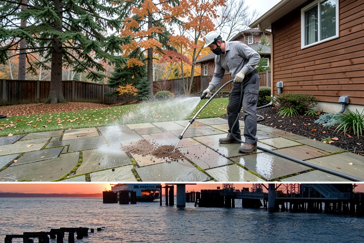 Strip Mall Cleaning in Edmonds, Snohomish County, WA - A spring and fall cleaning cycle keeps a strip mall presentable through the Northwest's wettest and busiest stretches.