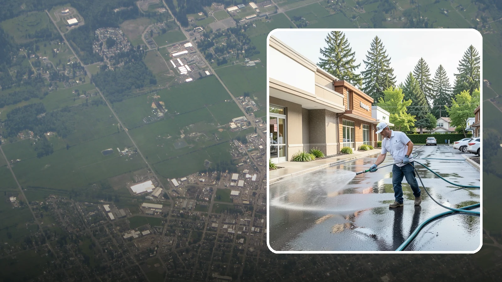 Strip Mall Cleaning in Enumclaw, King County, WA - Coordinated exterior cleaning for strip malls and plazas that unifies storefronts, sidewalks, and parking fronts under one clean...