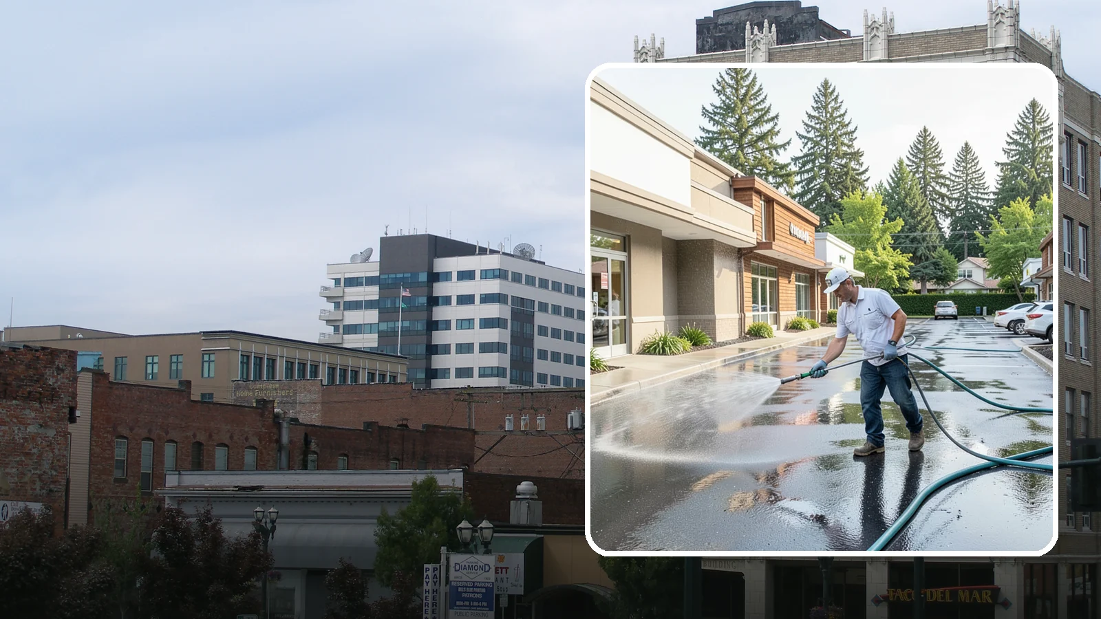 Strip Mall Cleaning in Everett, Snohomish County, WA - Coordinated exterior cleaning for strip malls and plazas that unifies storefronts, sidewalks, and parking fronts under one clean...