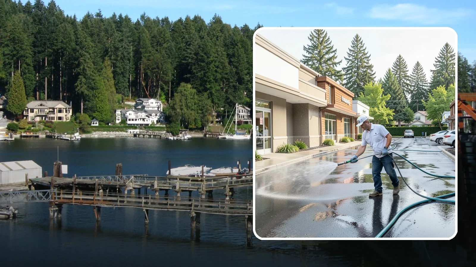 Strip Mall Cleaning in Gig Harbor, Pierce County, WA - Coordinated exterior cleaning for strip malls and plazas that unifies storefronts, sidewalks, and parking fronts under one clean...