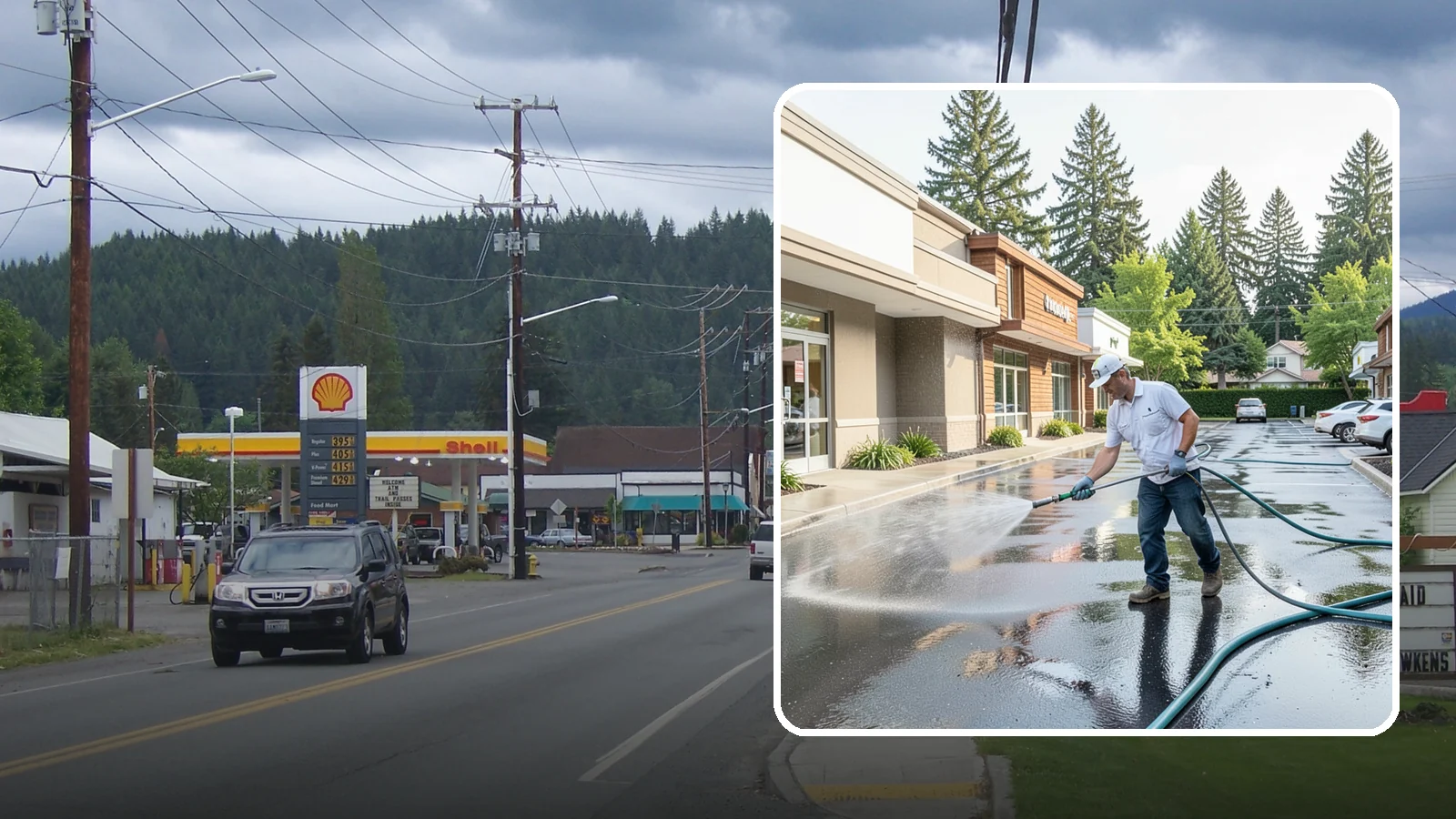 Strip Mall Cleaning in Granite Falls, Snohomish County, WA - Coordinated exterior cleaning for strip malls and plazas that unifies storefronts, sidewalks, and parking fronts under one clean...