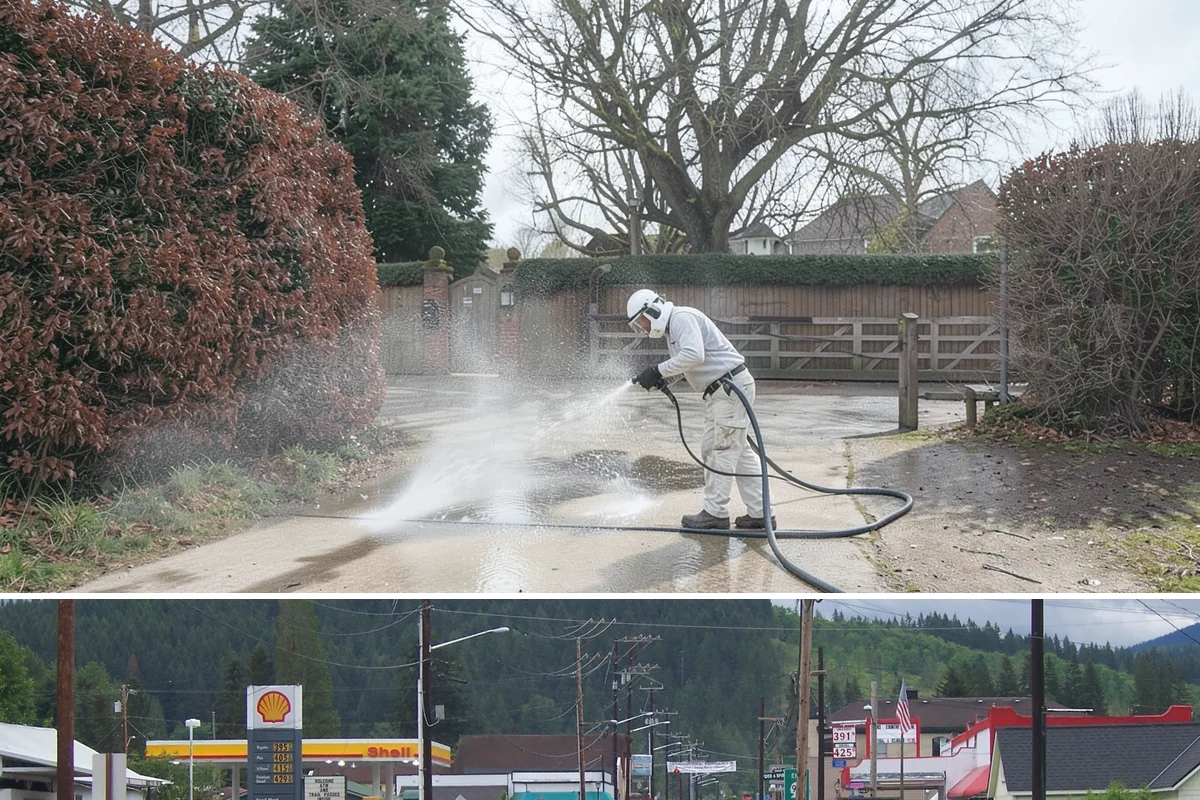 Strip Mall Cleaning in Granite Falls, Snohomish County, WA - A spring and fall cleaning cycle keeps a strip mall presentable through the Northwest's wettest and busiest stretches.