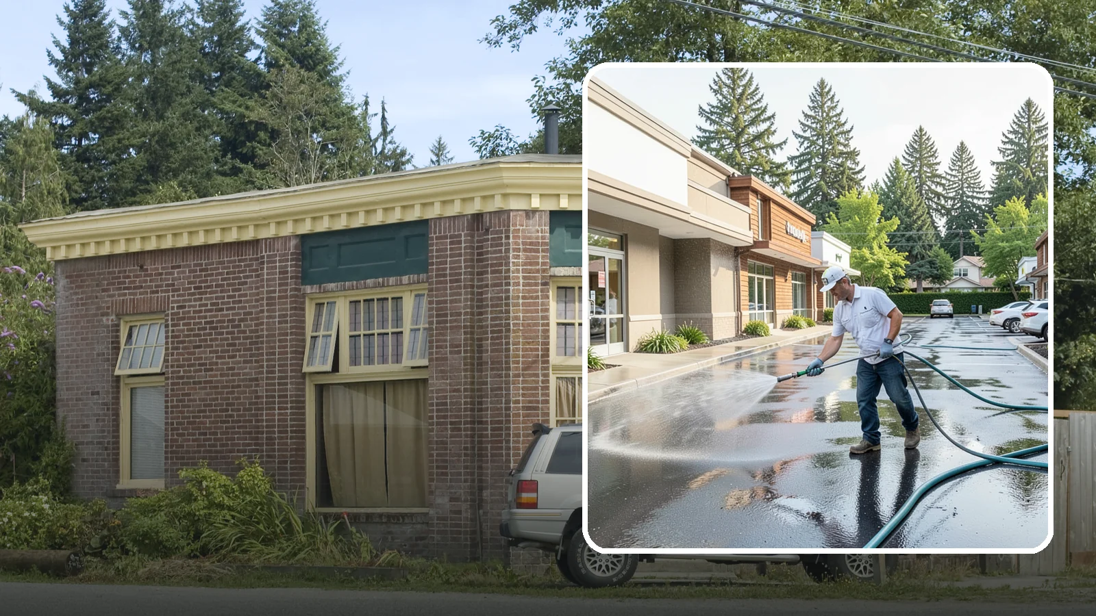 Strip Mall Cleaning in Hamilton, Skagit County, WA - Coordinated exterior cleaning for strip malls and plazas that unifies storefronts, sidewalks, and parking fronts under one clean...
