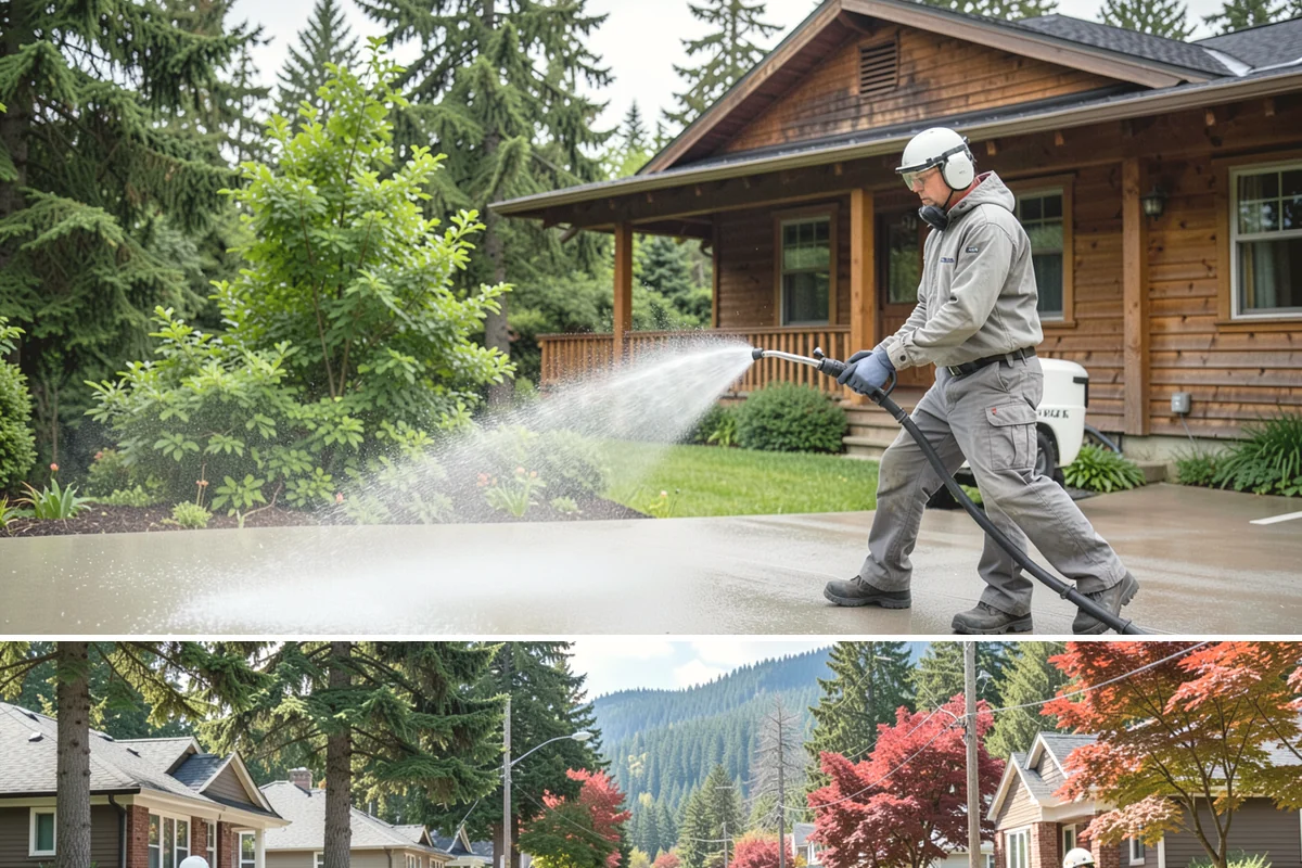 Strip Mall Cleaning in Hunts Point, King County, WA - A spring and fall cleaning cycle keeps a strip mall presentable through the Northwest's wettest and busiest stretches.