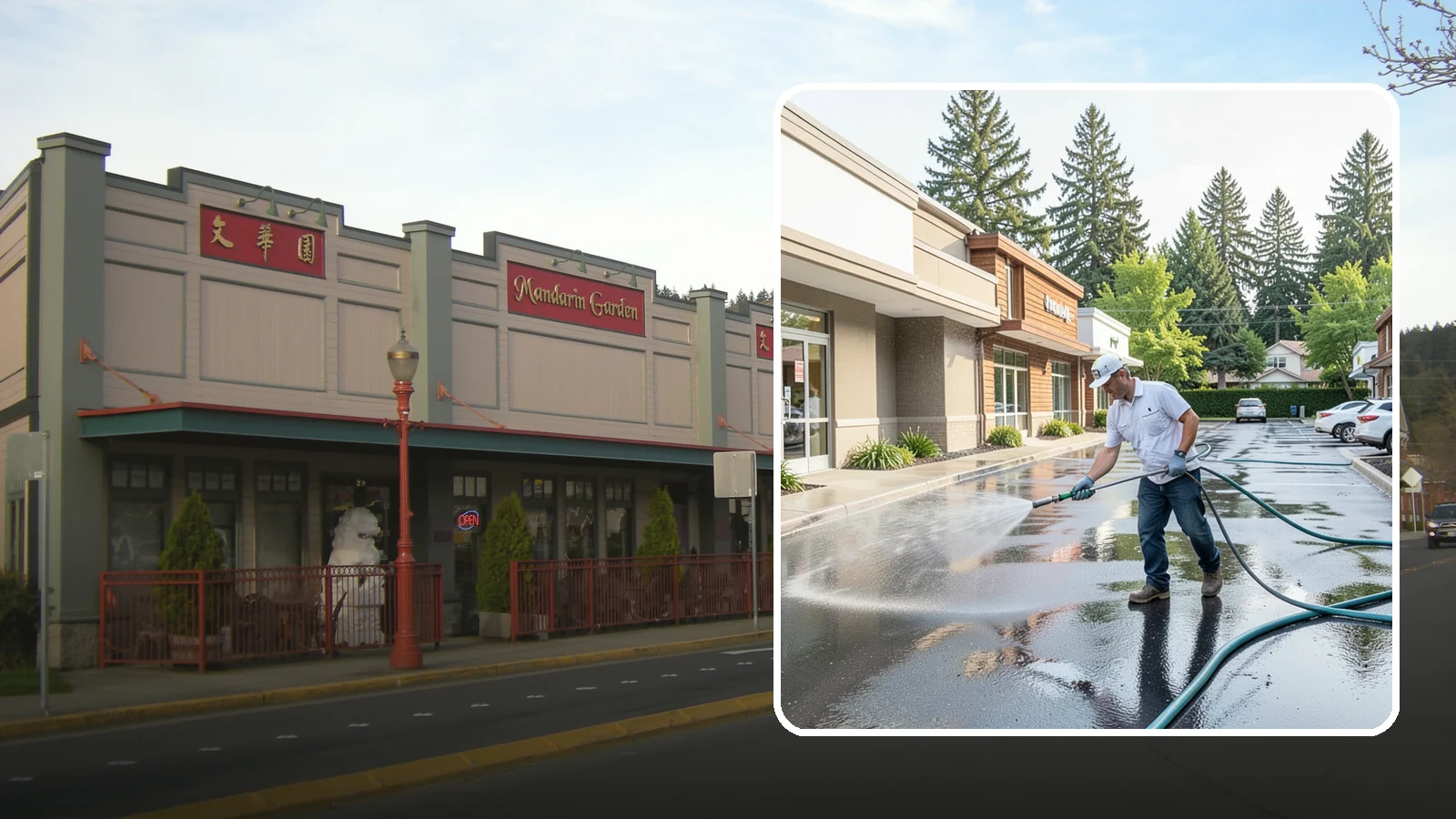 Strip Mall Cleaning in Issaquah, King County, WA - Coordinated exterior cleaning for strip malls and plazas that unifies storefronts, sidewalks, and parking fronts under one clean...