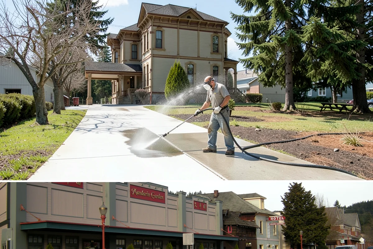 Strip Mall Cleaning in Issaquah, King County, WA - A spring and fall cleaning cycle keeps a strip mall presentable through the Northwest's wettest and busiest stretches.