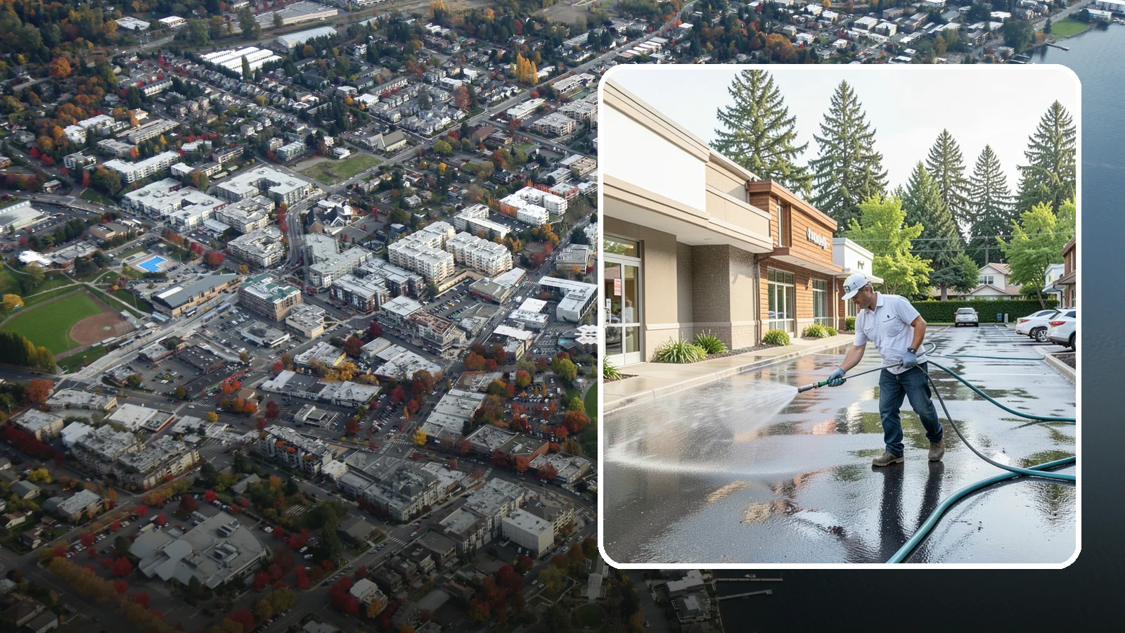 Strip Mall Cleaning in Kirkland, King County, WA - Coordinated exterior cleaning for strip malls and plazas that unifies storefronts, sidewalks, and parking fronts under one clean...