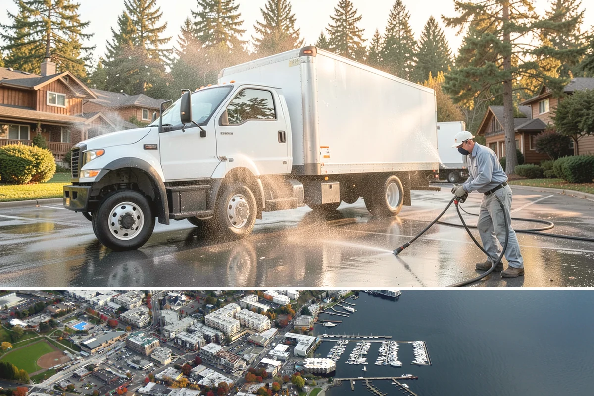 Strip Mall Cleaning in Kirkland, King County, WA - A spring and fall cleaning cycle keeps a strip mall presentable through the Northwest's wettest and busiest stretches.