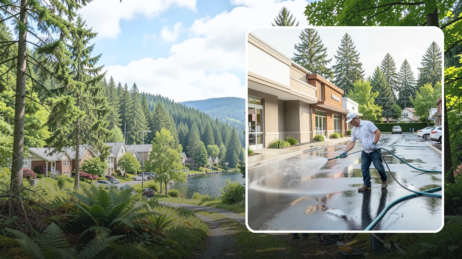 Strip Mall Cleaning in Lake Forest Park, King County, WA - Coordinated exterior cleaning for strip malls and plazas that unifies storefronts, sidewalks, and parking fronts under one clean...