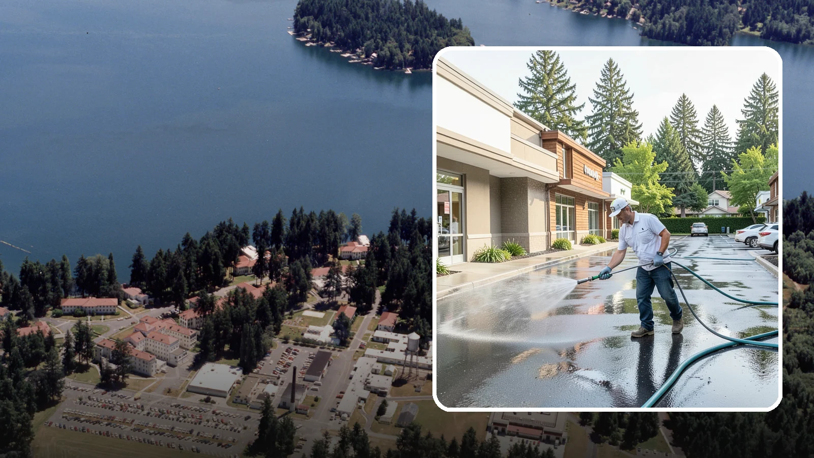 Strip Mall Cleaning in Lakewood, Pierce County, WA - Coordinated exterior cleaning for strip malls and plazas that unifies storefronts, sidewalks, and parking fronts under one clean...