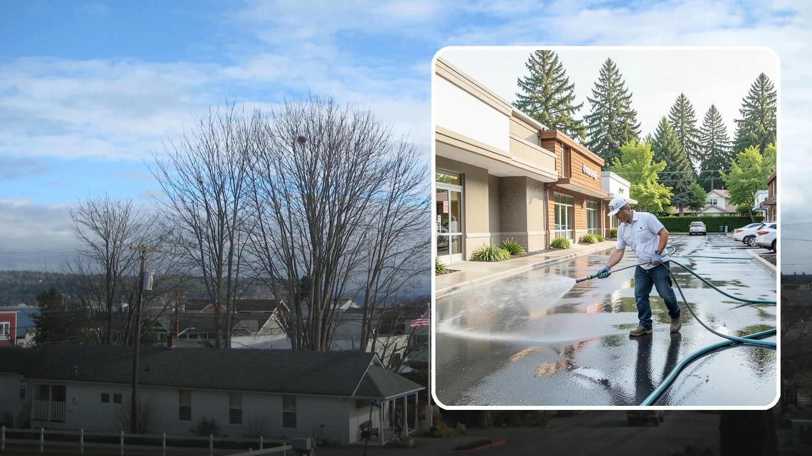 Strip Mall Cleaning in Langley, Island County, WA - Coordinated exterior cleaning for strip malls and plazas that unifies storefronts, sidewalks, and parking fronts under one clean...