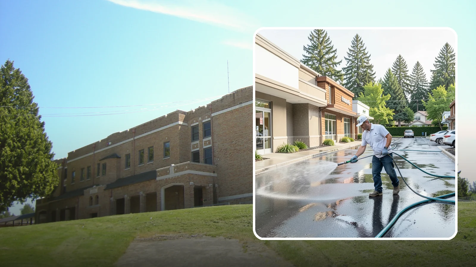 Strip Mall Cleaning in Maple Valley, King County, WA - Coordinated exterior cleaning for strip malls and plazas that unifies storefronts, sidewalks, and parking fronts under one clean...