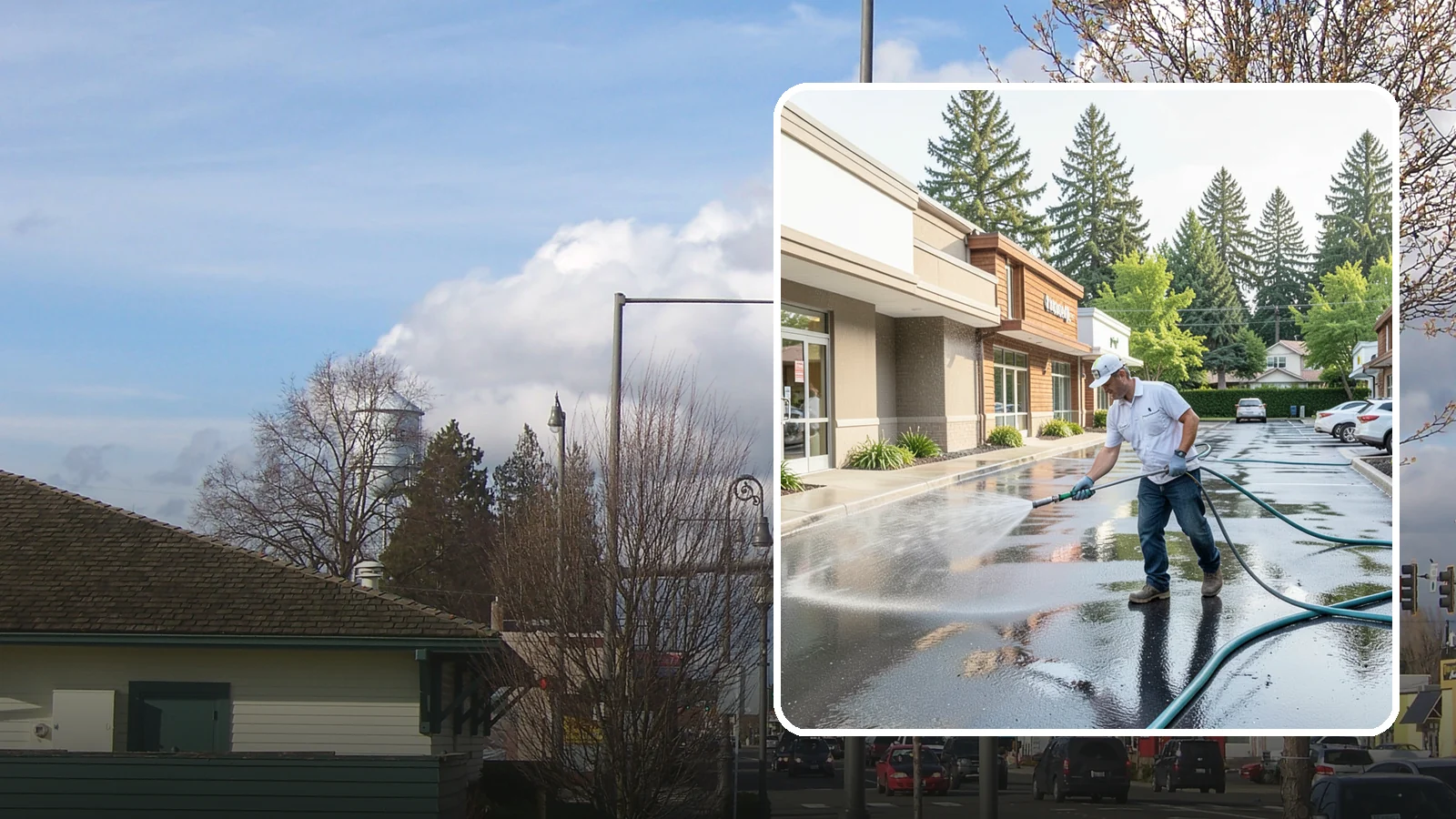 Strip Mall Cleaning in Marysville, Snohomish County, WA - Coordinated exterior cleaning for strip malls and plazas that unifies storefronts, sidewalks, and parking fronts under one clean...