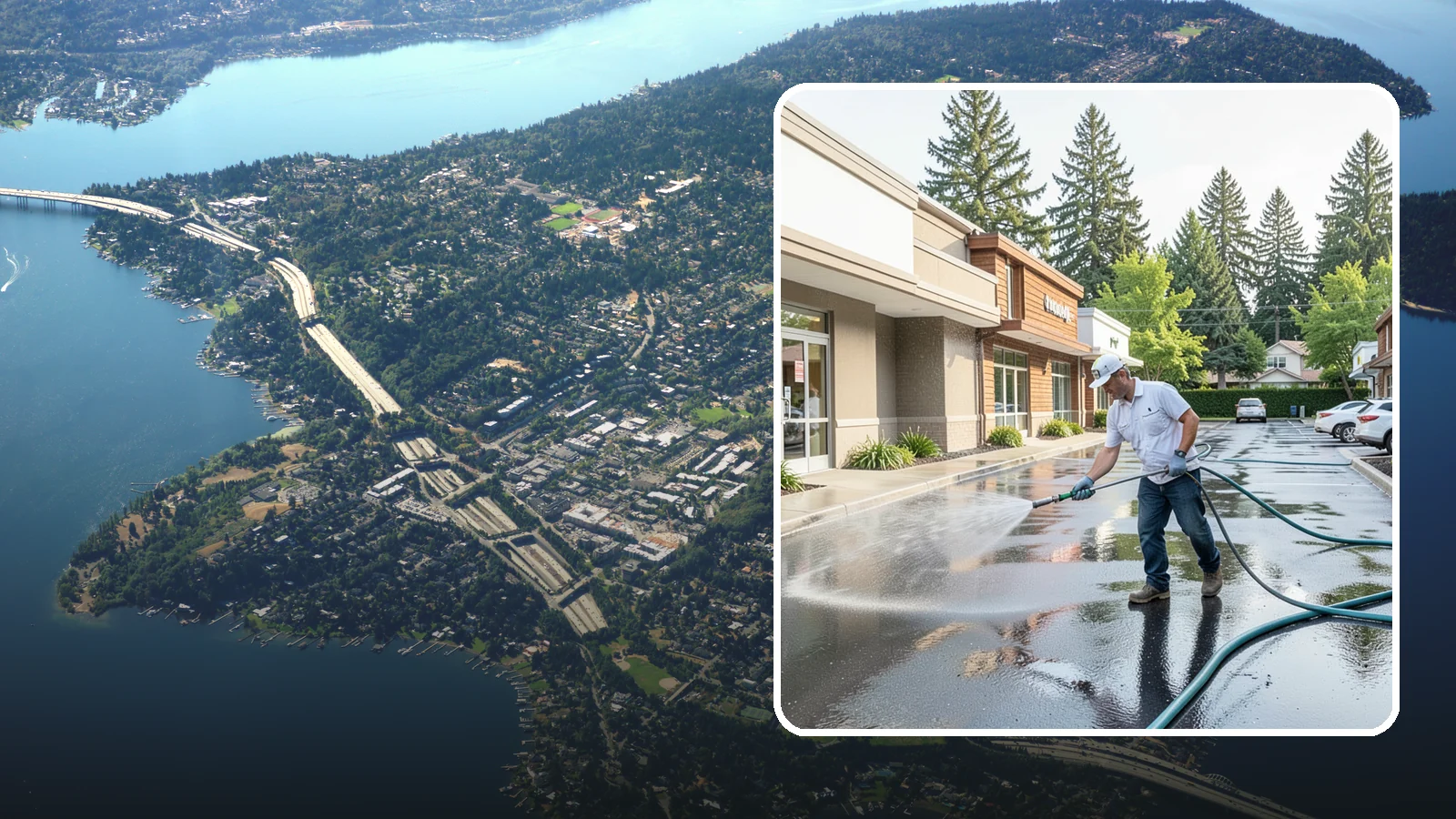 Strip Mall Cleaning in Mercer Island, King County, WA - Coordinated exterior cleaning for strip malls and plazas that unifies storefronts, sidewalks, and parking fronts under one clean...