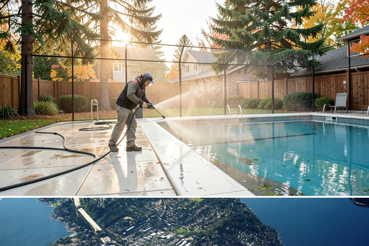Strip Mall Cleaning in Mercer Island, King County, WA - A spring and fall cleaning cycle keeps a strip mall presentable through the Northwest's wettest and busiest stretches.