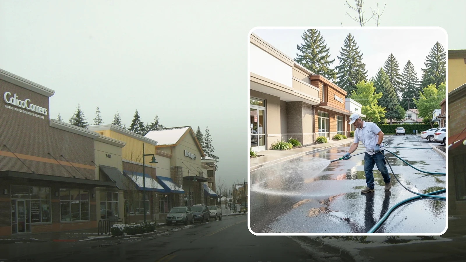 Strip Mall Cleaning in Mill Creek, Snohomish County, WA - Coordinated exterior cleaning for strip malls and plazas that unifies storefronts, sidewalks, and parking fronts under one clean...