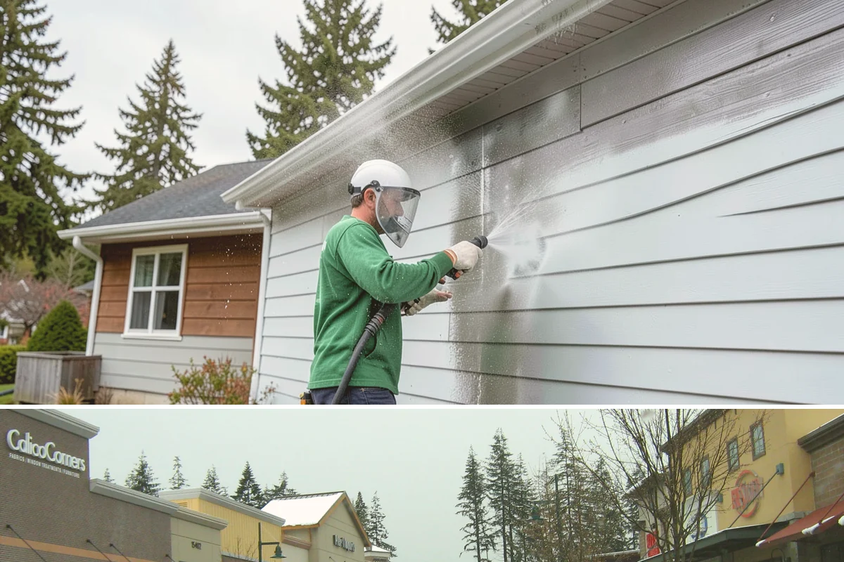 Strip Mall Cleaning in Mill Creek, Snohomish County, WA - A spring and fall cleaning cycle keeps a strip mall presentable through the Northwest's wettest and busiest stretches.