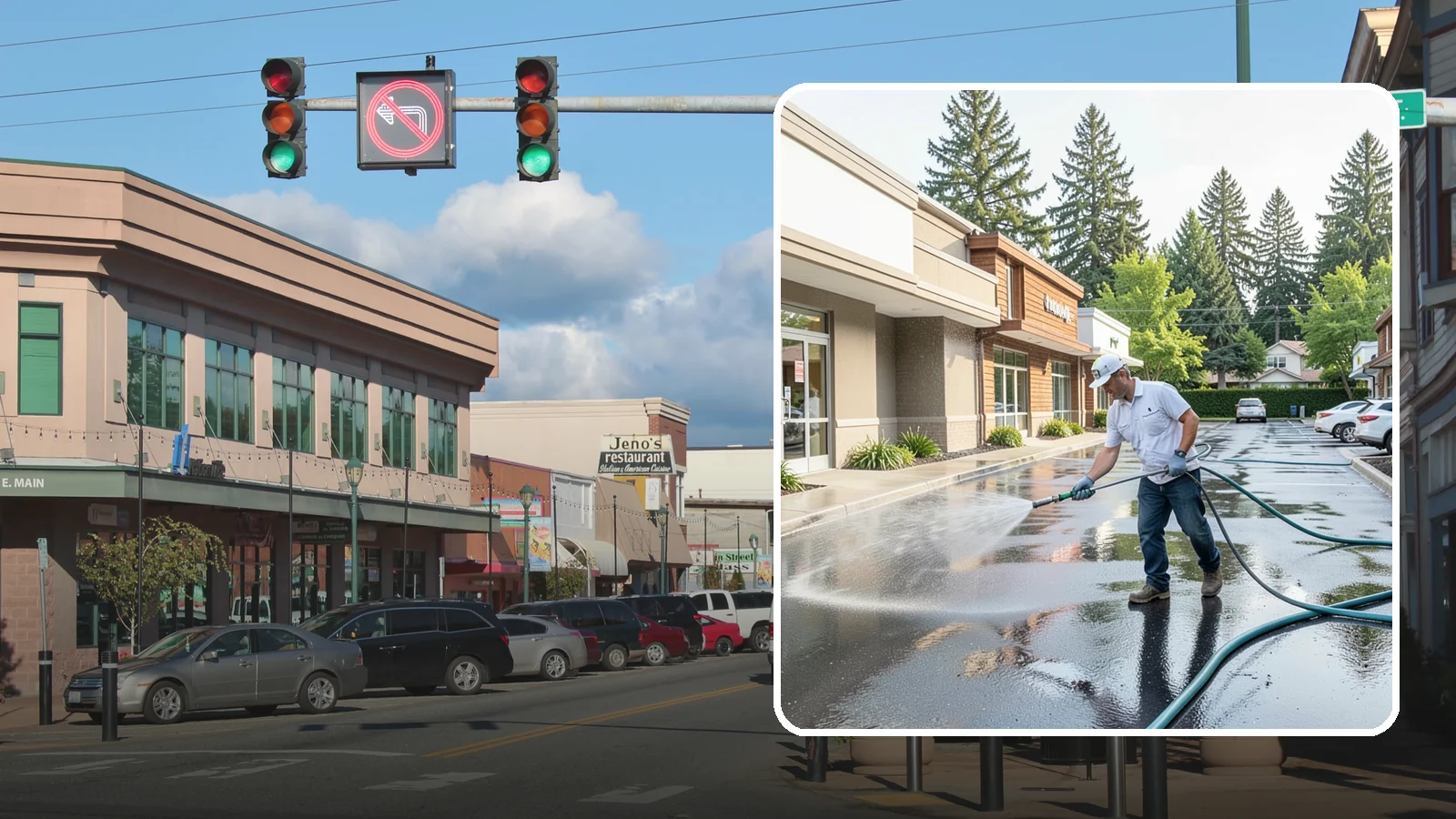 Strip Mall Cleaning in Monroe, Snohomish County, WA - Coordinated exterior cleaning for strip malls and plazas that unifies storefronts, sidewalks, and parking fronts under one clean...