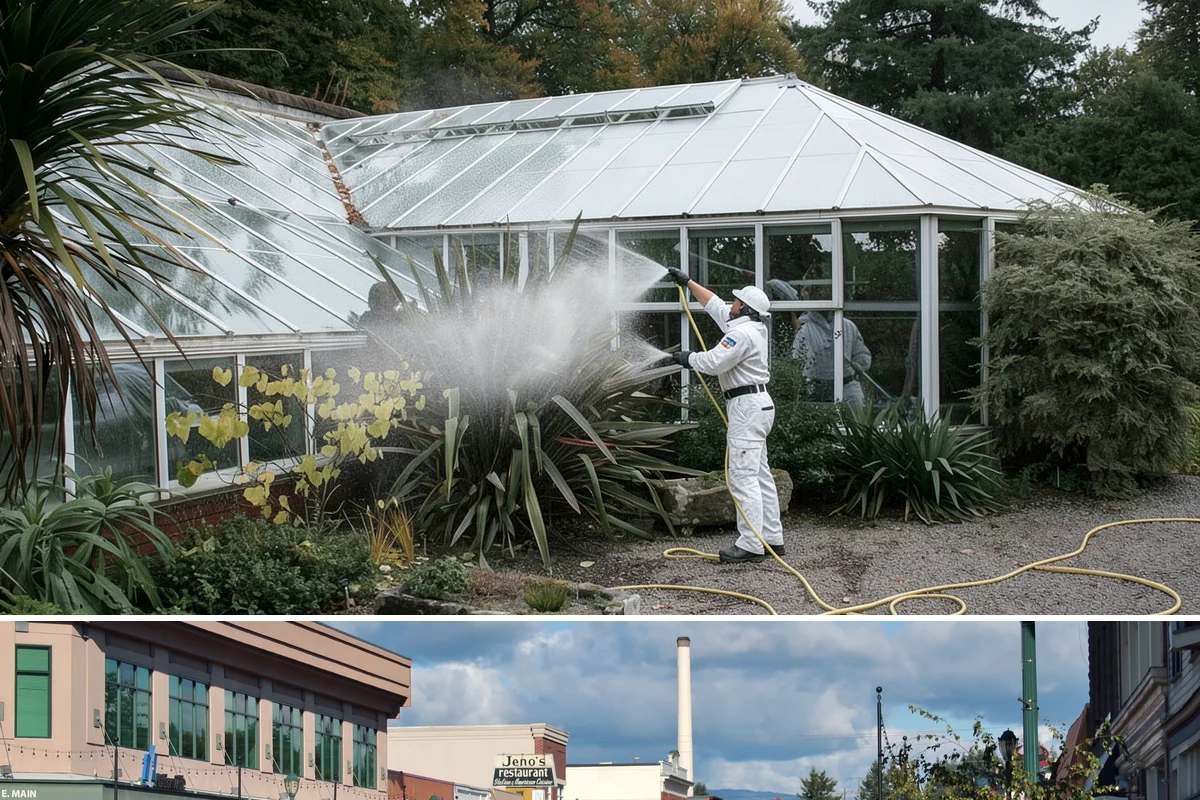 Strip Mall Cleaning in Monroe, Snohomish County, WA - A spring and fall cleaning cycle keeps a strip mall presentable through the Northwest's wettest and busiest stretches.