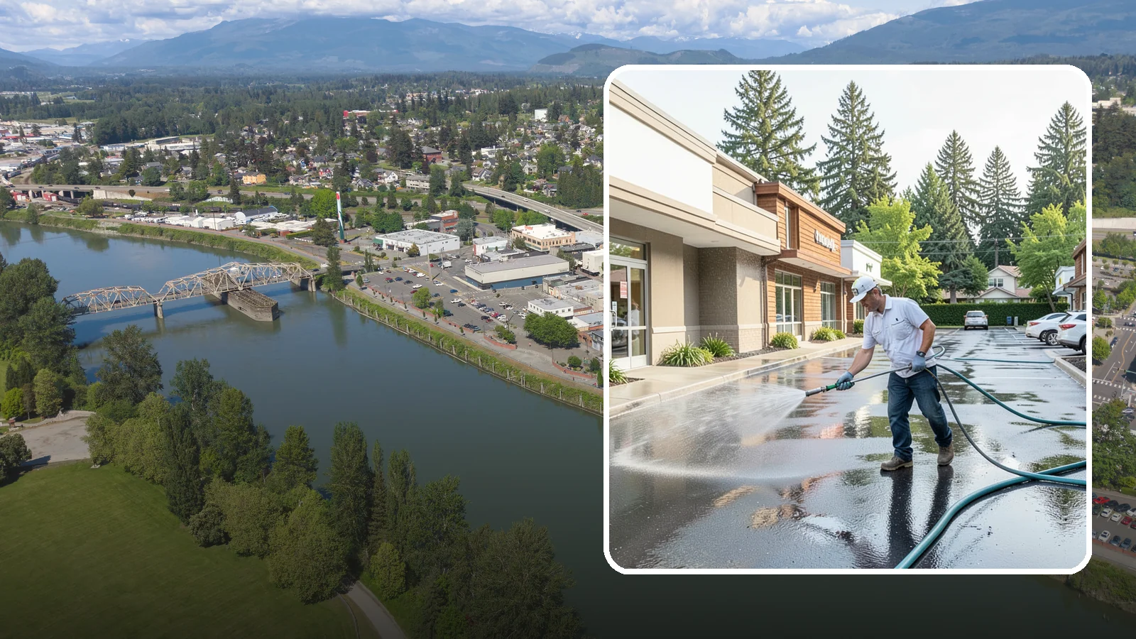 Strip Mall Cleaning in Mount Vernon, Skagit County, WA - Coordinated exterior cleaning for strip malls and plazas that unifies storefronts, sidewalks, and parking fronts under one clean...