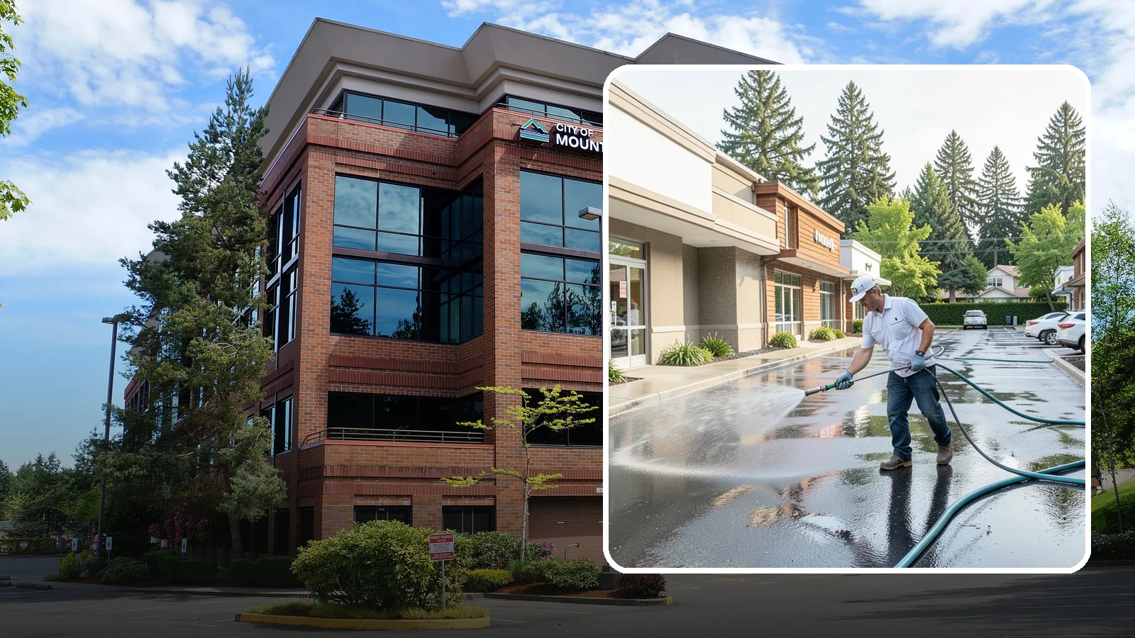 Strip Mall Cleaning in Mountlake Terrace, Snohomish County, WA - Coordinated exterior cleaning for strip malls and plazas that unifies storefronts, sidewalks, and parking fronts under one clean...
