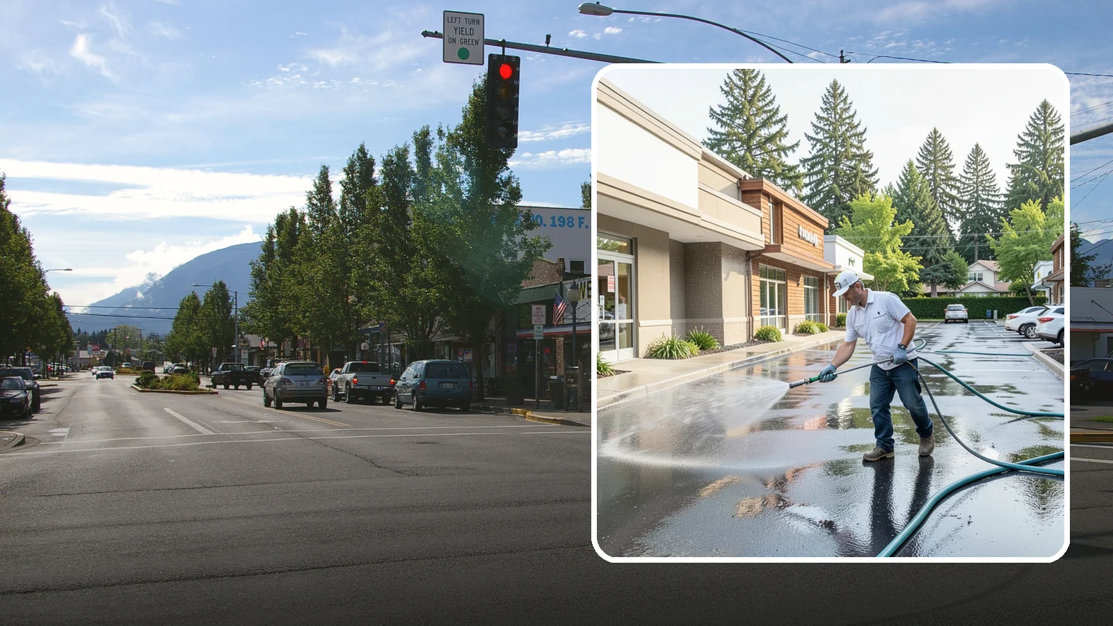 Strip Mall Cleaning in North Bend, King County, WA - Coordinated exterior cleaning for strip malls and plazas that unifies storefronts, sidewalks, and parking fronts under one clean...