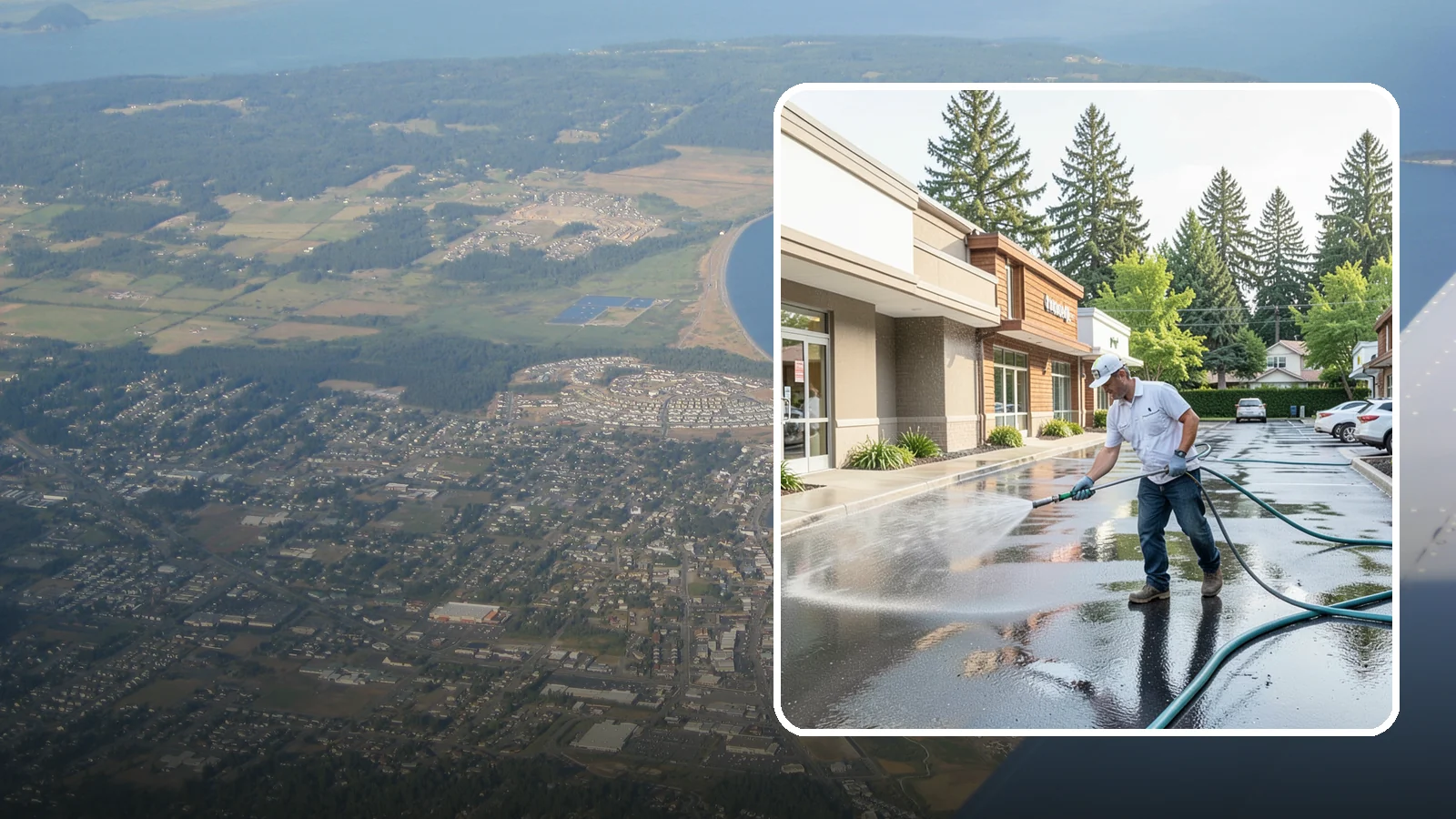 Strip Mall Cleaning in Oak Harbor, Island County, WA - Coordinated exterior cleaning for strip malls and plazas that unifies storefronts, sidewalks, and parking fronts under one clean...