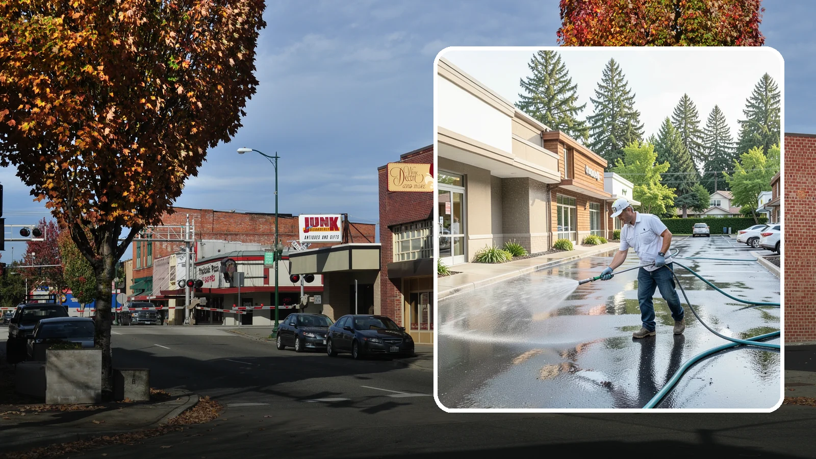 Strip Mall Cleaning in Puyallup, Pierce County, WA - Coordinated exterior cleaning for strip malls and plazas that unifies storefronts, sidewalks, and parking fronts under one clean...