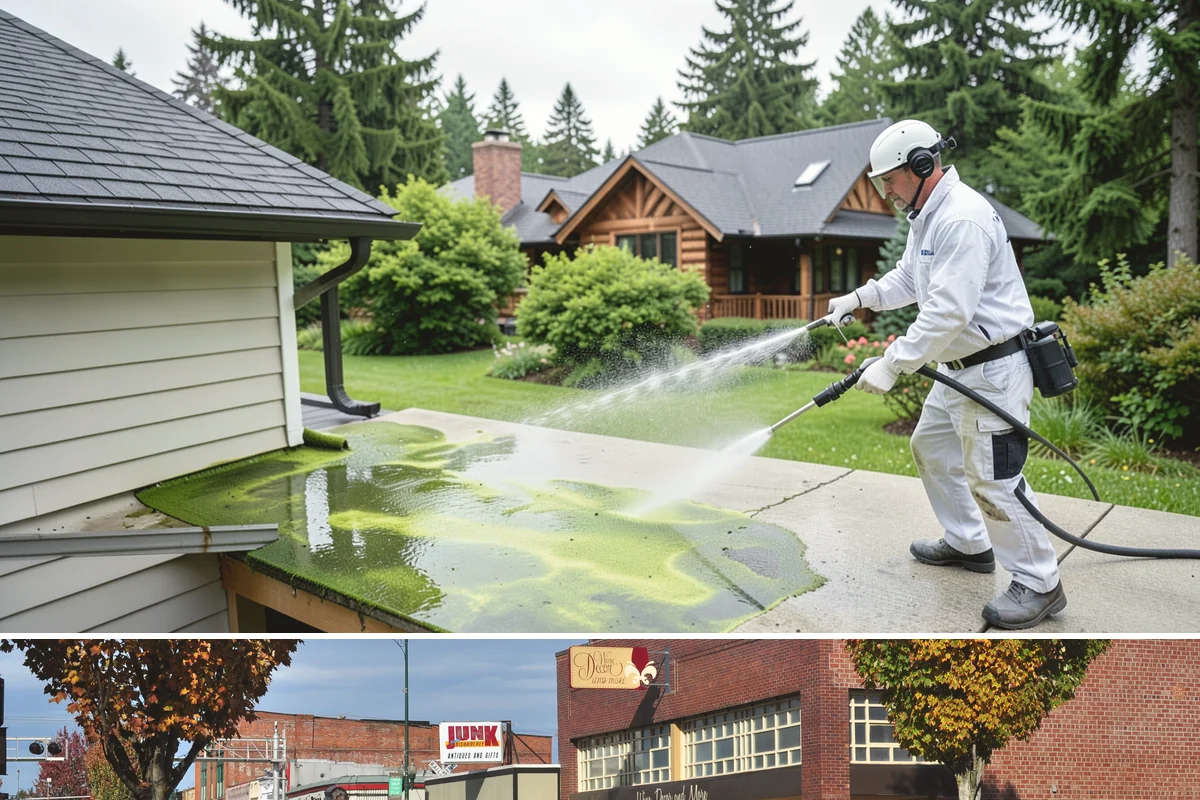 Strip Mall Cleaning in Puyallup, Pierce County, WA - A spring and fall cleaning cycle keeps a strip mall presentable through the Northwest's wettest and busiest stretches.