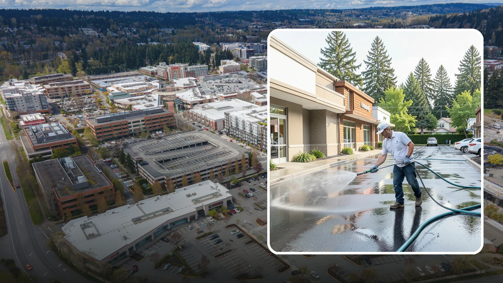 Strip Mall Cleaning in Redmond, King County, WA - Coordinated exterior cleaning for strip malls and plazas that unifies storefronts, sidewalks, and parking fronts under one clean...