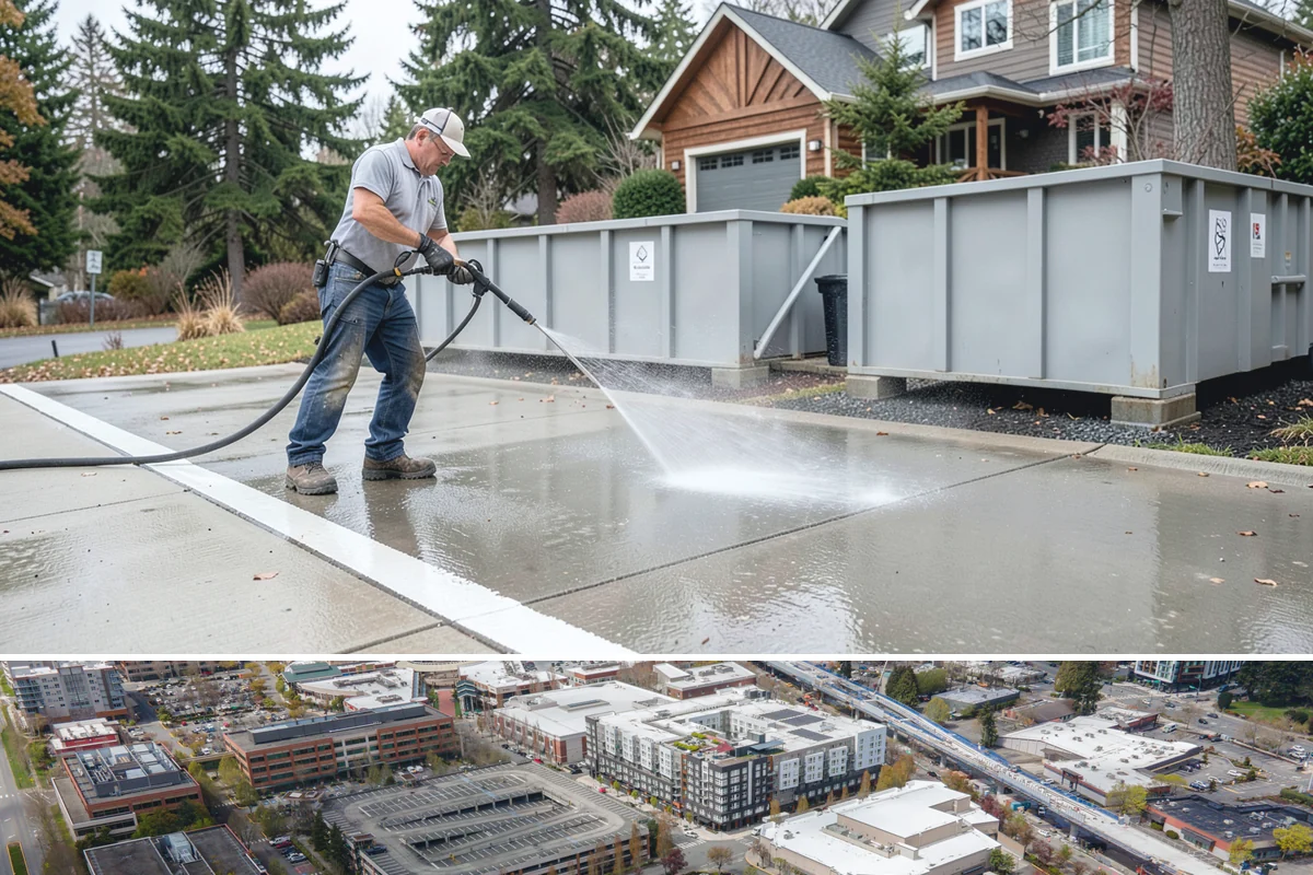 Strip Mall Cleaning in Redmond, King County, WA - A spring and fall cleaning cycle keeps a strip mall presentable through the Northwest's wettest and busiest stretches.
