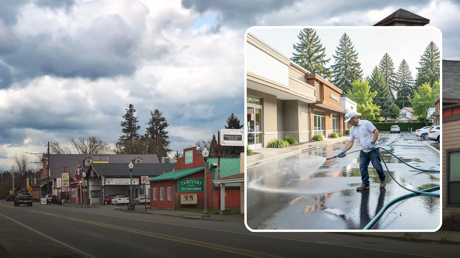 Strip Mall Cleaning in Roy, Pierce County, WA - Coordinated exterior cleaning for strip malls and plazas that unifies storefronts, sidewalks, and parking fronts under one clean...