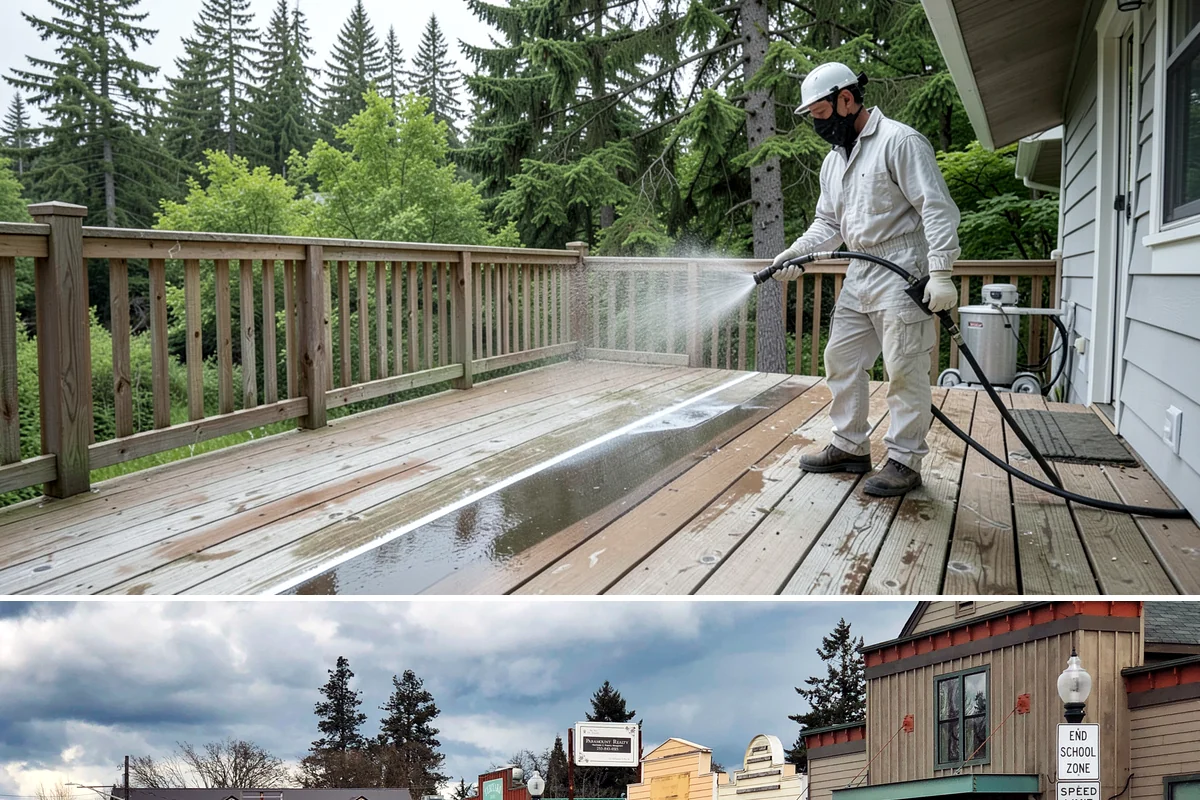 Strip Mall Cleaning in Roy, Pierce County, WA - A spring and fall cleaning cycle keeps a strip mall presentable through the Northwest's wettest and busiest stretches.