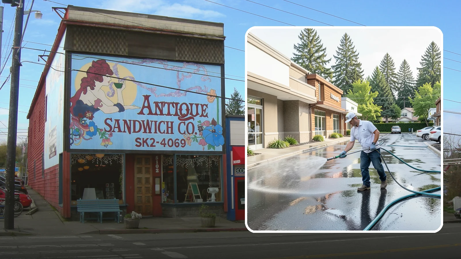 Strip Mall Cleaning in Ruston, Pierce County, WA - Coordinated exterior cleaning for strip malls and plazas that unifies storefronts, sidewalks, and parking fronts under one clean...
