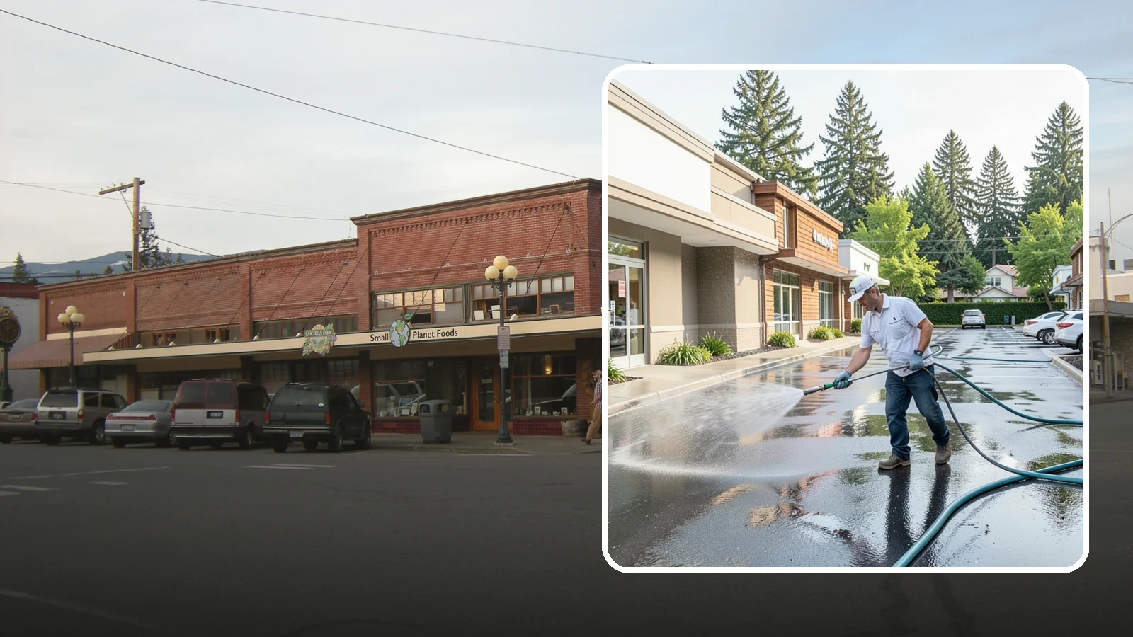 Strip Mall Cleaning in Sedro-Woolley, Skagit County, WA - Coordinated exterior cleaning for strip malls and plazas that unifies storefronts, sidewalks, and parking fronts under one clean...
