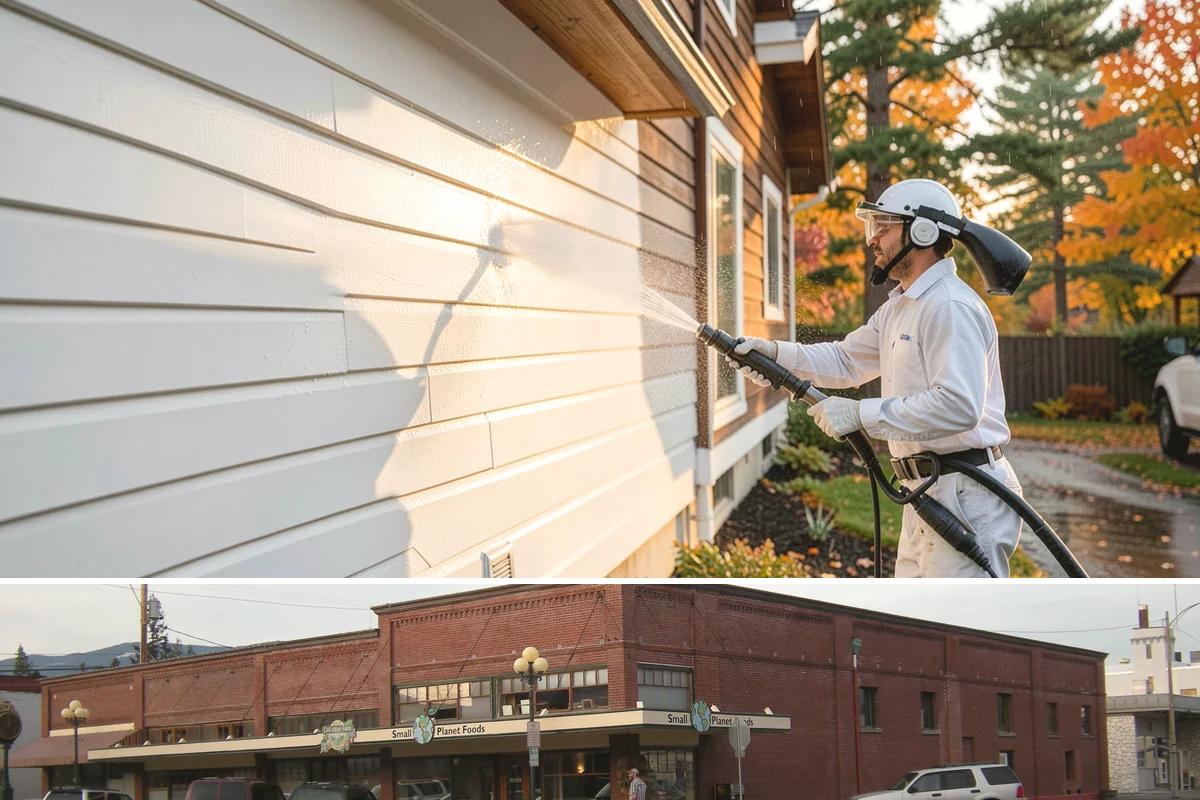 Strip Mall Cleaning in Sedro-Woolley, Skagit County, WA - A spring and fall cleaning cycle keeps a strip mall presentable through the Northwest's wettest and busiest stretches.