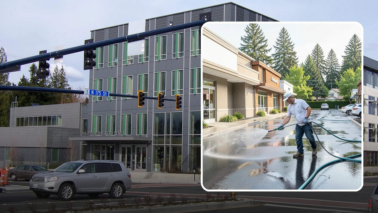 Strip Mall Cleaning in Shoreline, King County, WA - Coordinated exterior cleaning for strip malls and plazas that unifies storefronts, sidewalks, and parking fronts under one clean...