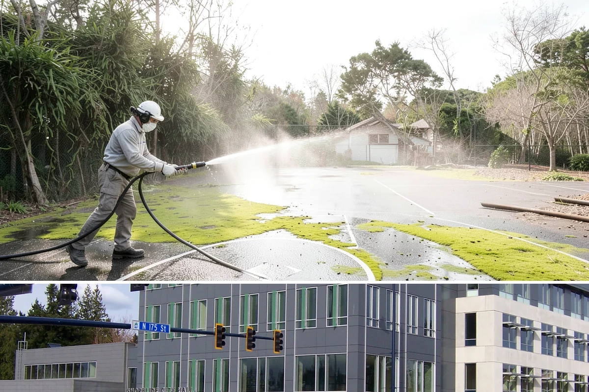 Strip Mall Cleaning in Shoreline, King County, WA - A spring and fall cleaning cycle keeps a strip mall presentable through the Northwest's wettest and busiest stretches.