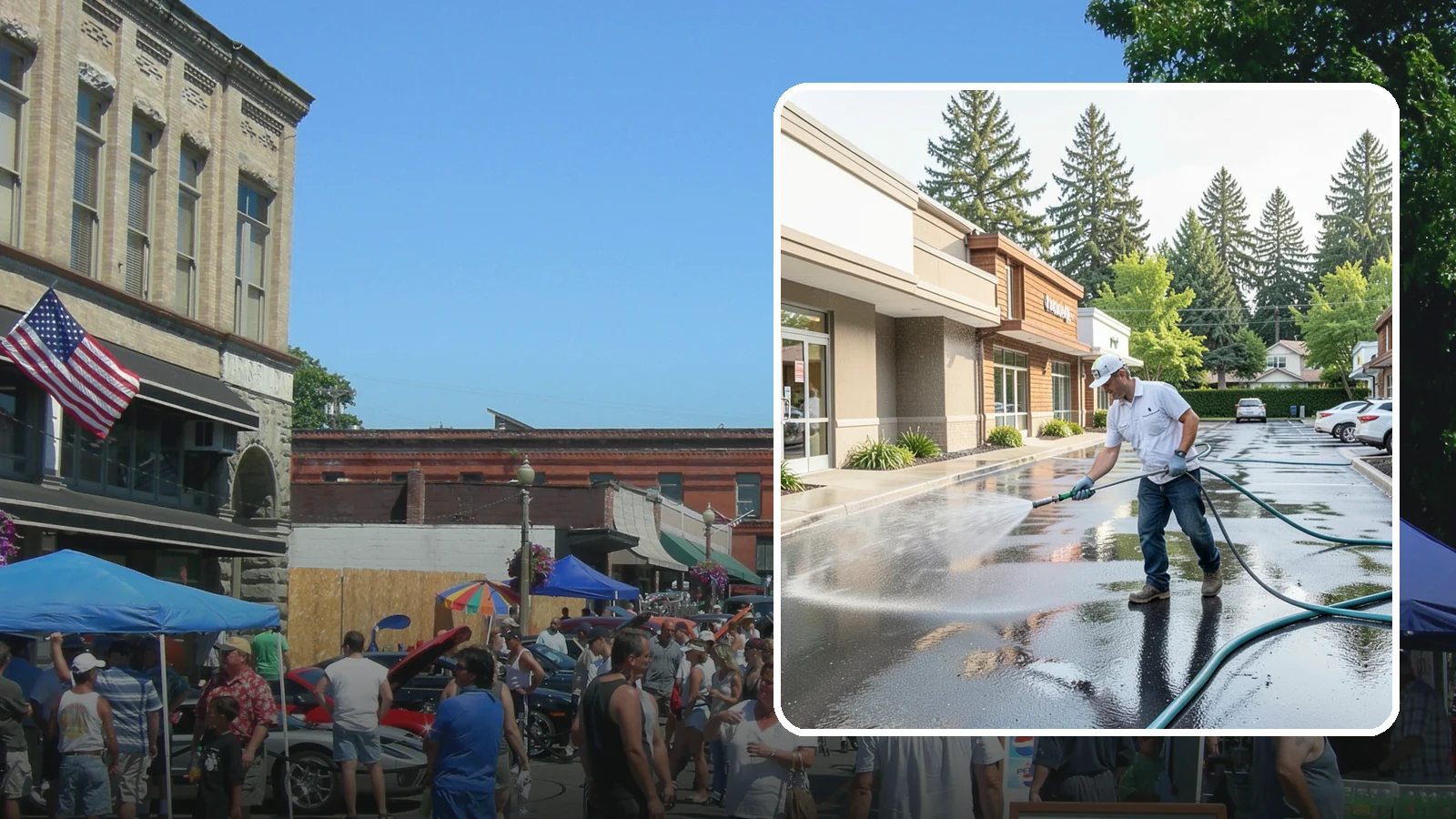 Strip Mall Cleaning in Snohomish, Snohomish County, WA - Coordinated exterior cleaning for strip malls and plazas that unifies storefronts, sidewalks, and parking fronts under one clean...