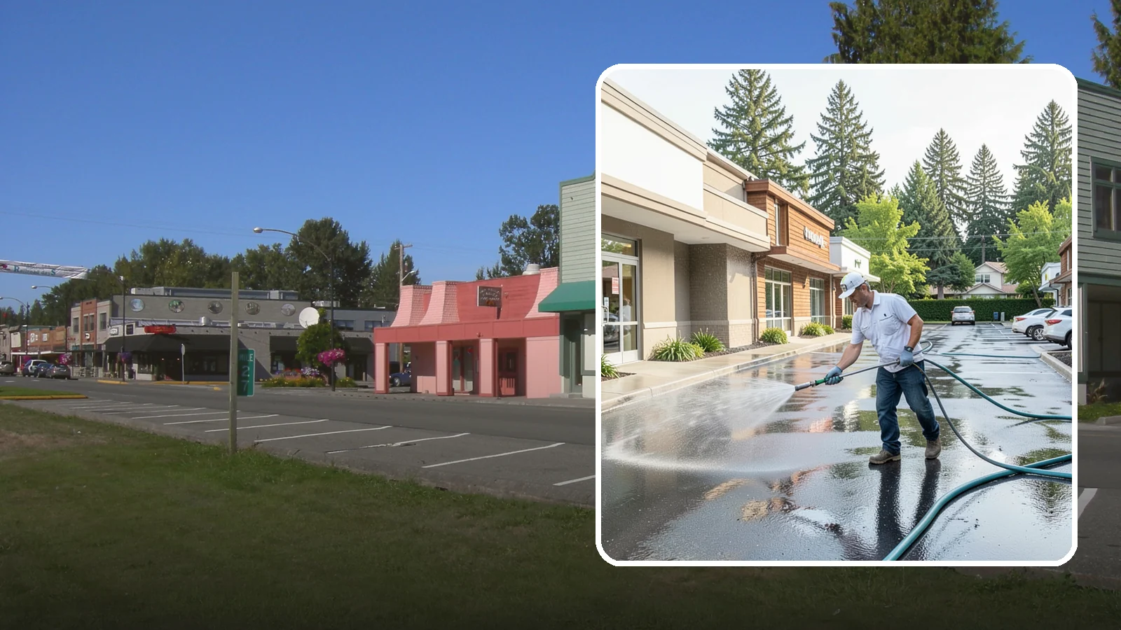 Strip Mall Cleaning in Snoqualmie, King County, WA - Coordinated exterior cleaning for strip malls and plazas that unifies storefronts, sidewalks, and parking fronts under one clean...