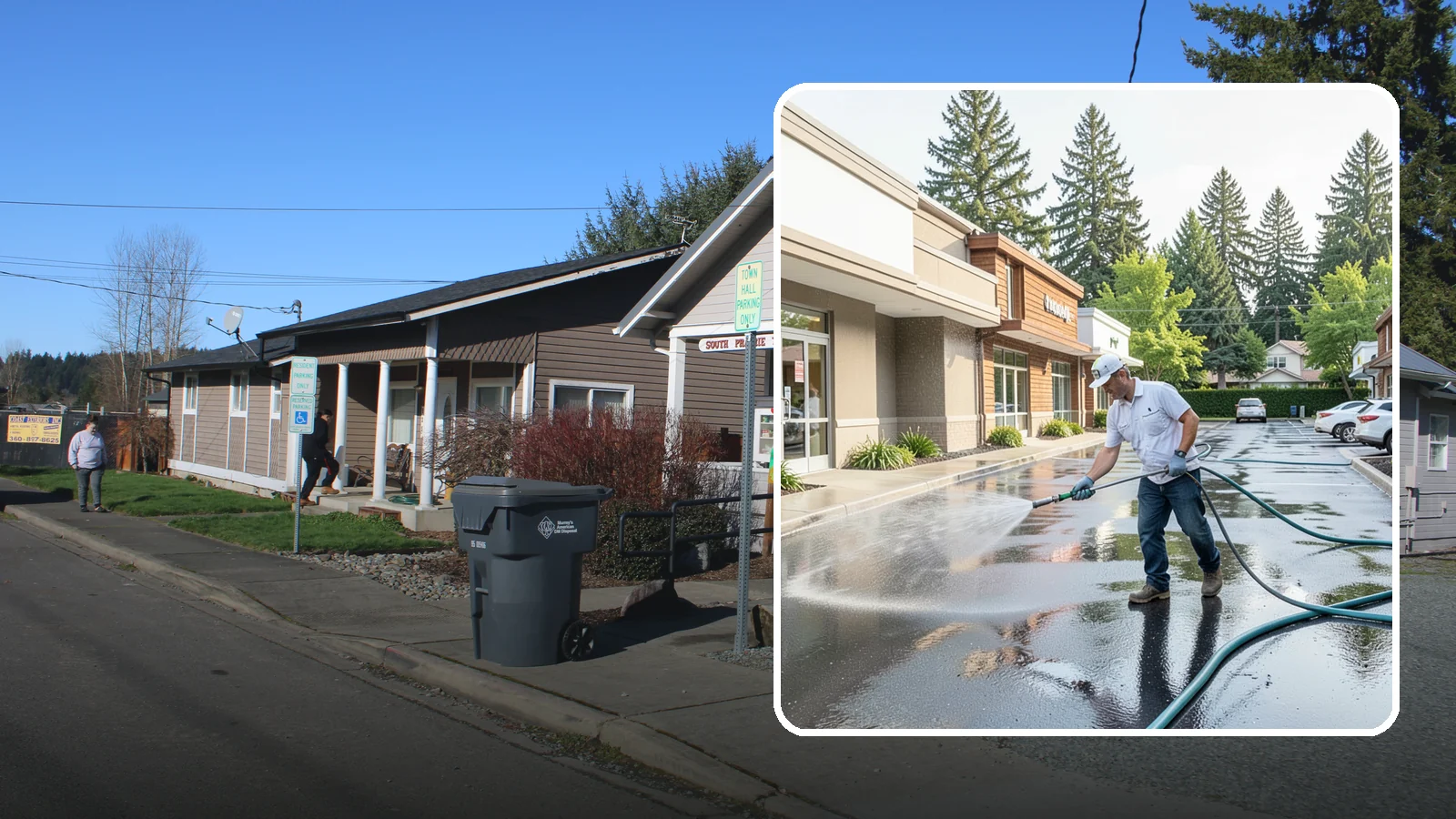 Strip Mall Cleaning in South Prairie, Pierce County, WA - Coordinated exterior cleaning for strip malls and plazas that unifies storefronts, sidewalks, and parking fronts under one clean...