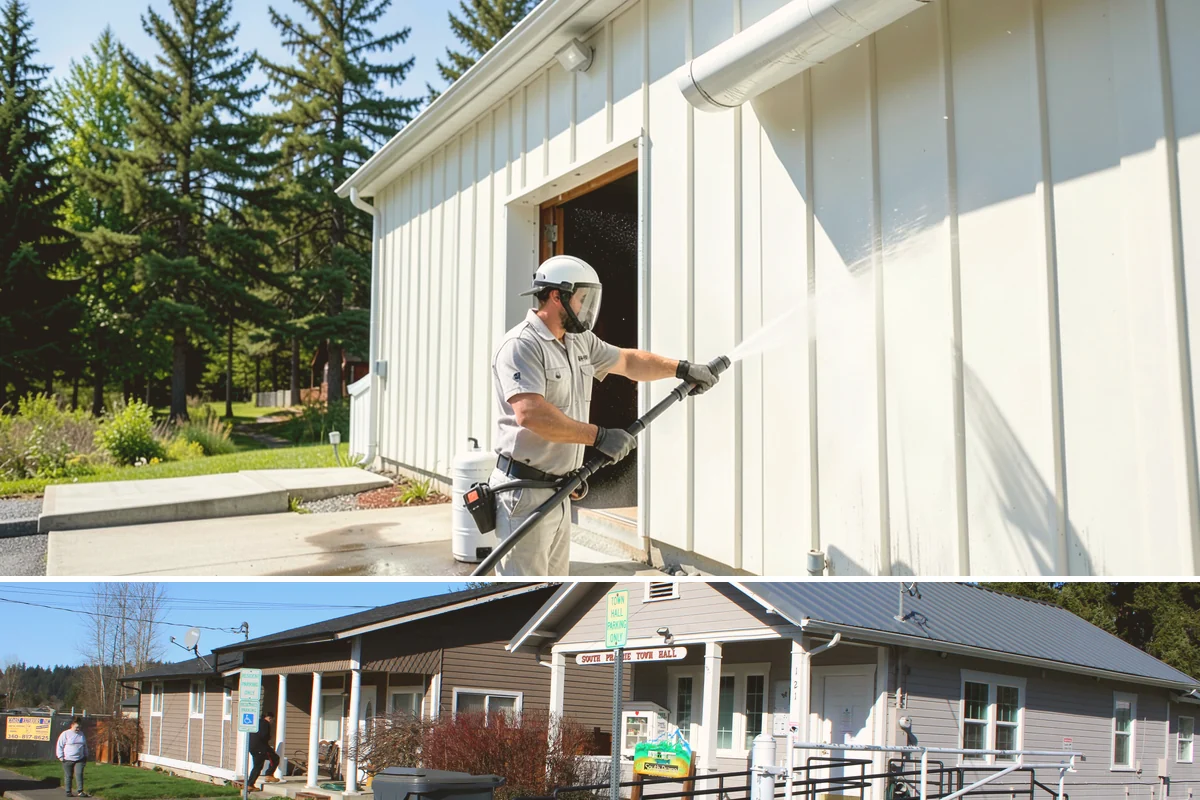 Strip Mall Cleaning in South Prairie, Pierce County, WA - A spring and fall cleaning cycle keeps a strip mall presentable through the Northwest's wettest and busiest stretches.