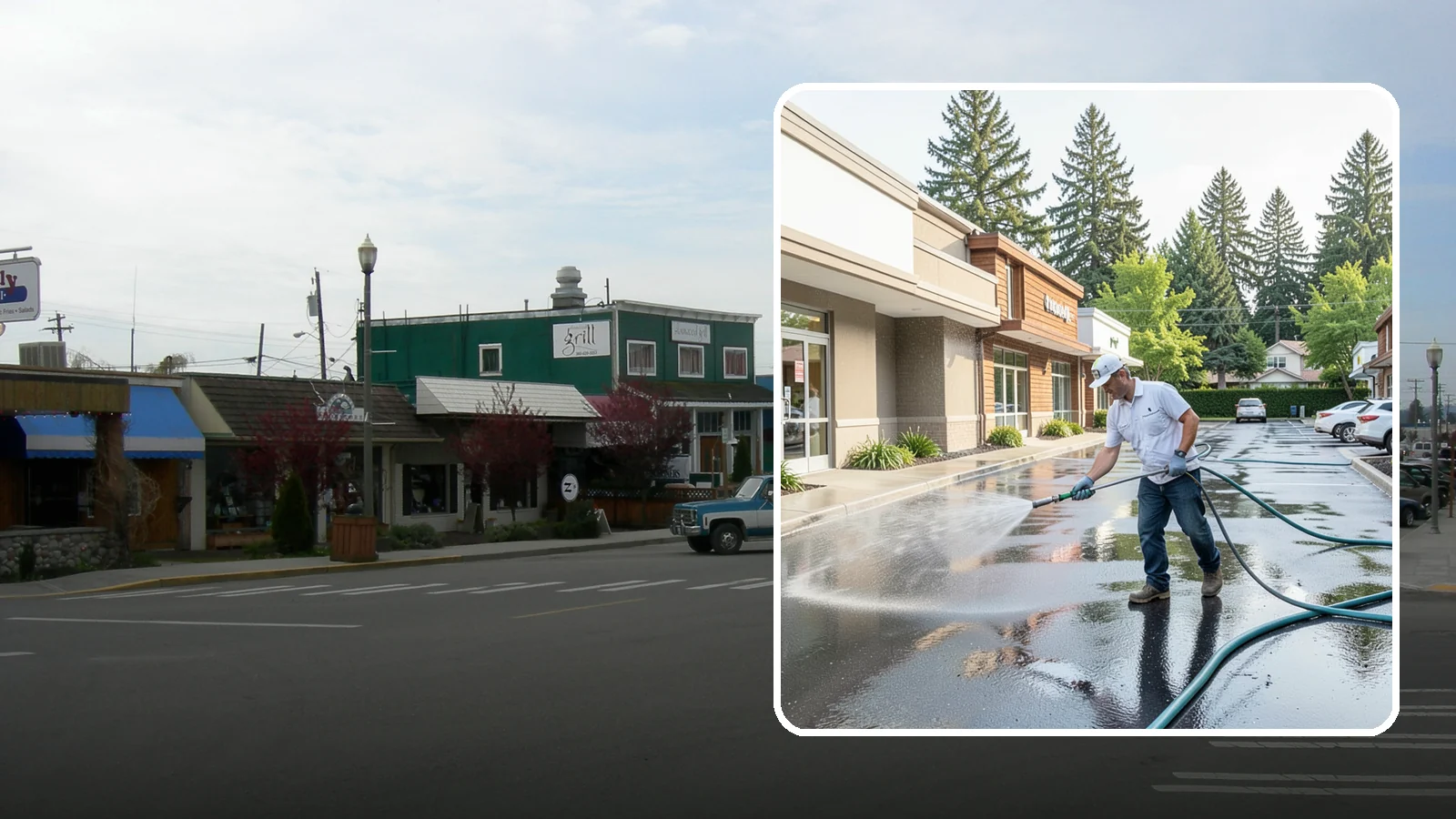 Strip Mall Cleaning in Stanwood, Snohomish County, WA - Coordinated exterior cleaning for strip malls and plazas that unifies storefronts, sidewalks, and parking fronts under one clean...