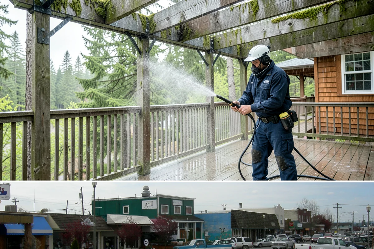 Strip Mall Cleaning in Stanwood, Snohomish County, WA - A spring and fall cleaning cycle keeps a strip mall presentable through the Northwest's wettest and busiest stretches.